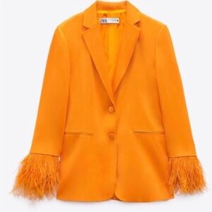Zara Orange Satin Feather Trim Blazer - Limited Edition